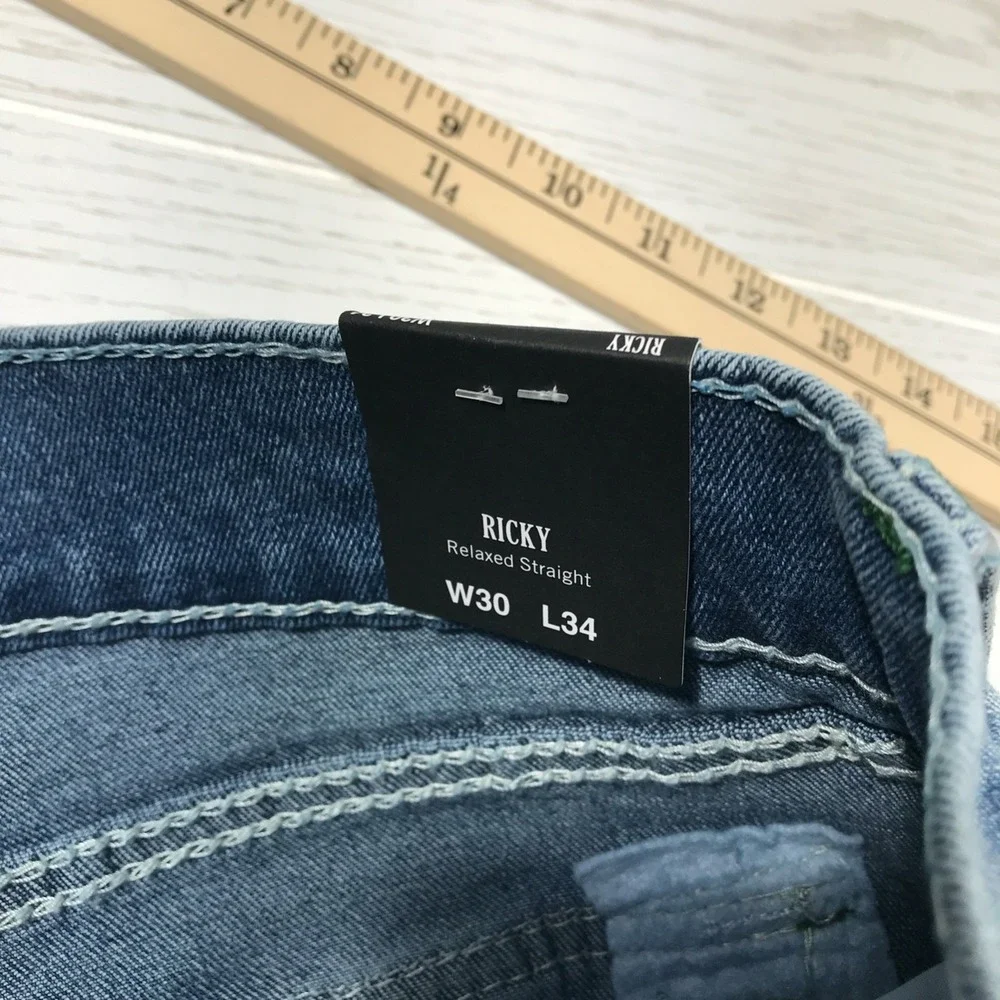 True Religion Ricky Big T Flap Jeans Men 30x34 Blue Straight Cotton Blend New